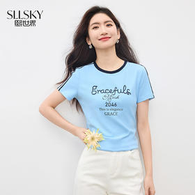 【周末秒杀】熙世界泽西风字母印花T恤女正肩圆领短袖设计感上衣2025夏季新款