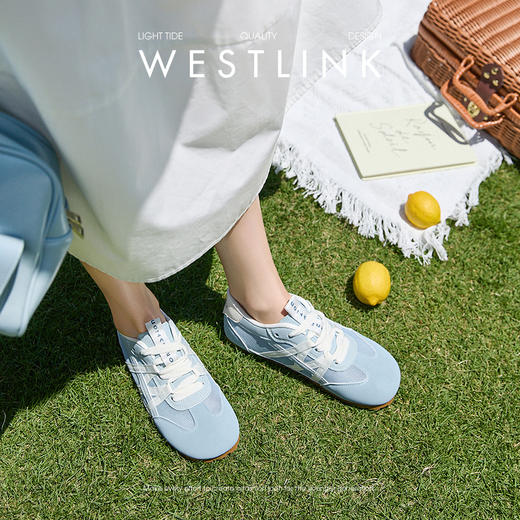 西遇夏季薄款德训鞋女新款百搭小白鞋平底蓝色透气网面运动鞋K1256842 商品图2