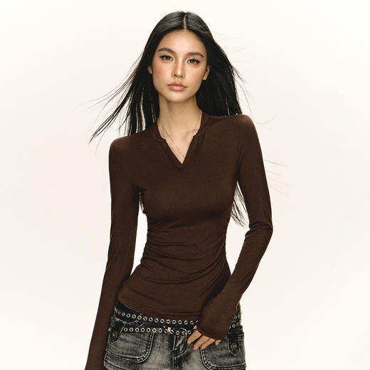 Ariseism 美式复古基础款V领长袖t恤女秋新款修身上衣薄款打底衫 商品图2