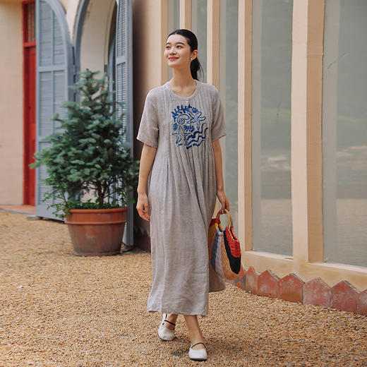 绽放女装378朵/【多巴胺系列】色织亚麻塔克蓝印花短袖连衣裙女夏 商品图0