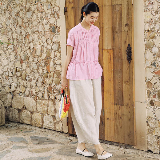 绽放367朵/【多巴胺系列】色织亚麻小立领开襟捏褶层次感短袖小衫 商品图2