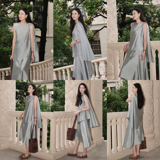 HIDEMI 极简设计感不对称飘逸感磨砂艺术感缎面定染雾霾月光灰套装 上衣/半裙 商品图3