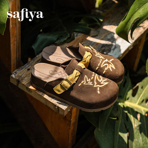 预售~Safiya/索菲娅2025小众复古刺绣飞鸟百搭拼色厚底懒人包头勃肯拖SFD3110150 商品图2