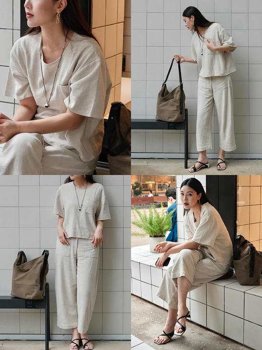 HIDEMI 度假系列水洗艺术肌理感原色亚麻口袋极简套装上衣/茧型裤 商品图1