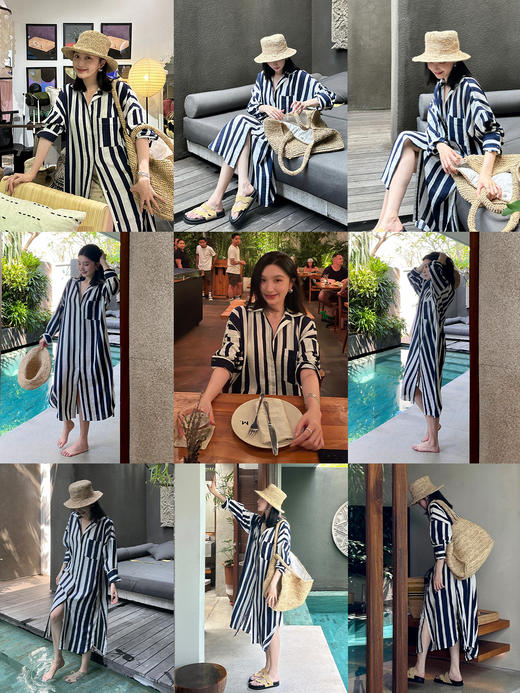HIDEMI 度假系列慵懒蓝白条纹多重水洗条纹长款衬衫裙阔腿裤套装 商品图2