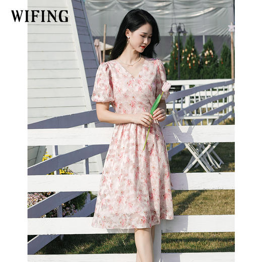 未风雪纺碎花连衣裙女夏2025夏季新款气质法式时尚泡泡袖高腰裙子 商品图3