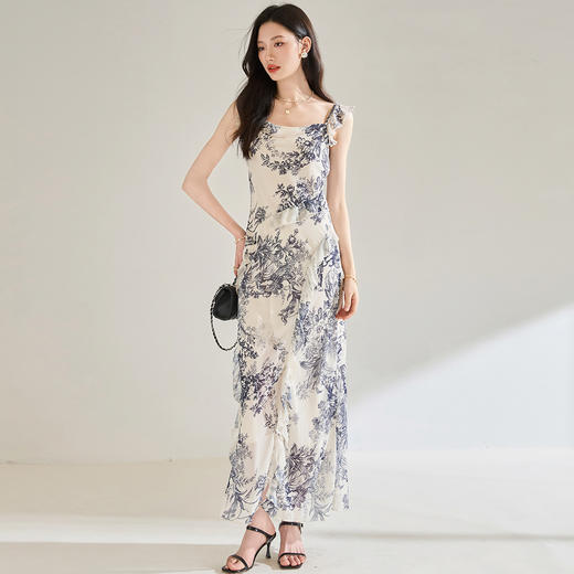 「高货sh」全新升级【铂金会员266/天猫359/差价93】(41806)洛诗琳夏季水墨画高级感荷叶边方领碎花收腰吊带连衣裙 商品图3