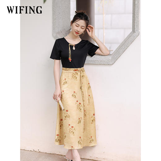 未风黑色针织拼接连衣裙女夏2025年新款夏季高腰新中式假两件裙子 商品图1