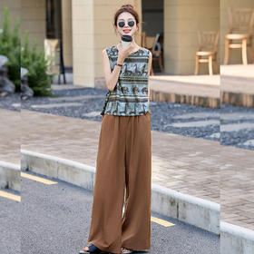 时尚老钱风洋气轻奢，印花上衣显瘦阔腿裤两件套HR-CPYY8151