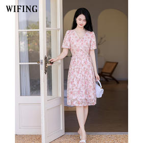 未风雪纺碎花连衣裙女夏2025夏季新款气质法式时尚泡泡袖高腰裙子