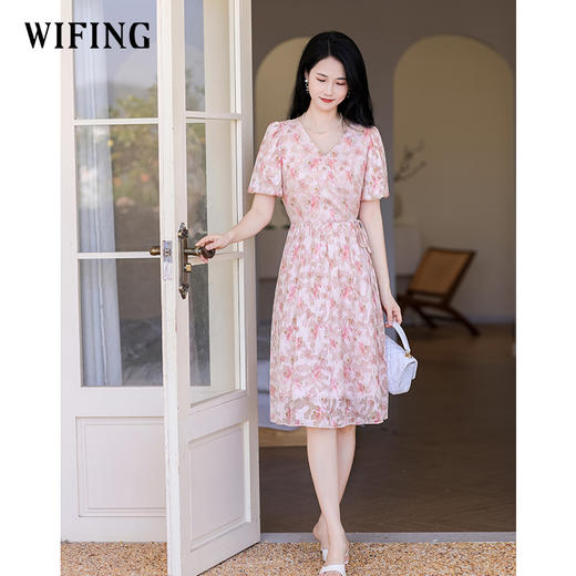 未风雪纺碎花连衣裙女夏2025夏季新款气质法式时尚泡泡袖高腰裙子 商品图0