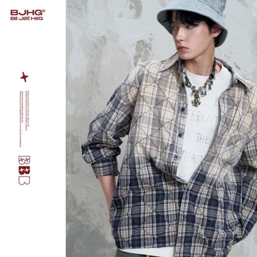 BJHG不计后果美式格子衬衫男款夏季潮牌宽松复古渐变休闲情侣上衣 商品图2