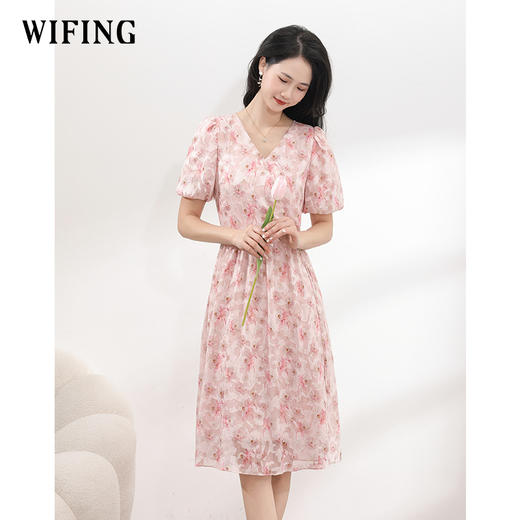 未风雪纺碎花连衣裙女夏2025夏季新款气质法式时尚泡泡袖高腰裙子 商品图2