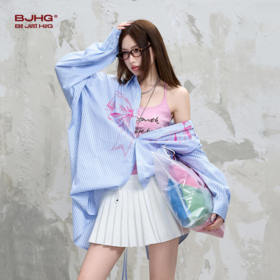 BJHG不计后果蓝色长袖条纹衬衫女夏季潮牌2025年新款宽松衬衣外套