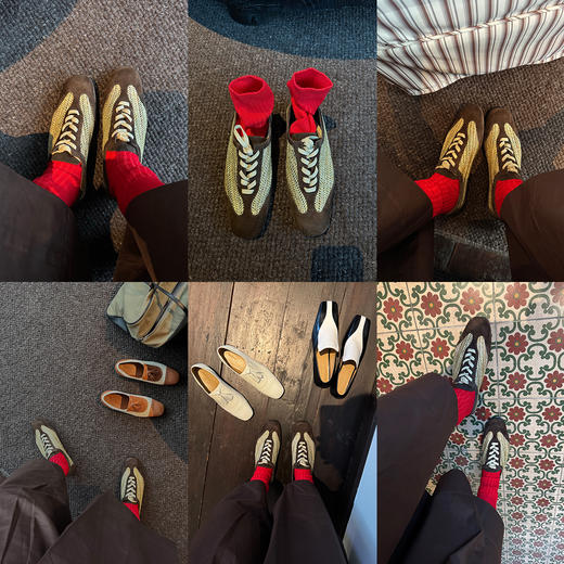 HIDEMI 进口巧克力色麂皮拼接编织复古德训绑带球鞋 商品图2