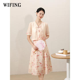 未风粉色显瘦V领连衣裙女夏2025新款夏季高腰新中式国风短袖裙子