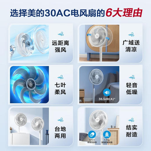 美的 大风量轻音柔风落地扇 SAF30AC 台地两用 自然柔风 商品图1