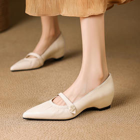 【预售5天】羊皮显瘦尖头坡跟鞋女夏秋真皮气质粗跟通勤单鞋DPJ&6050