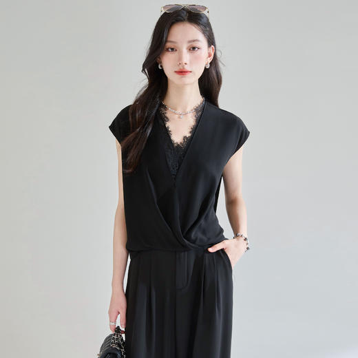 「高货sh」全新升级【铂金会员220/天猫289/差价69】(42456)洛诗琳夏季重工蕾丝花边拼接V领设计感气质假两件百搭上衣 商品图4