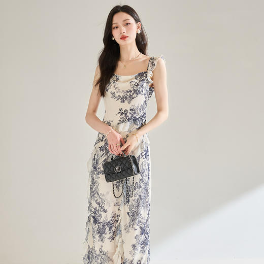 「高货sh」全新升级【铂金会员266/天猫359/差价93】(41806)洛诗琳夏季水墨画高级感荷叶边方领碎花收腰吊带连衣裙 商品图2