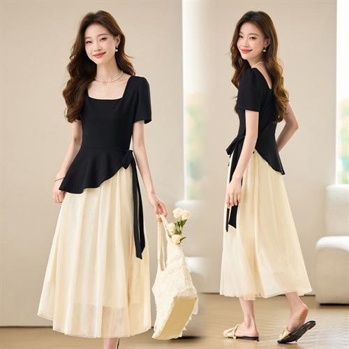 新款洋气ins风仙女裙网纱拼接方领设计荷叶边针织假两件连衣裙YBER280 商品图2