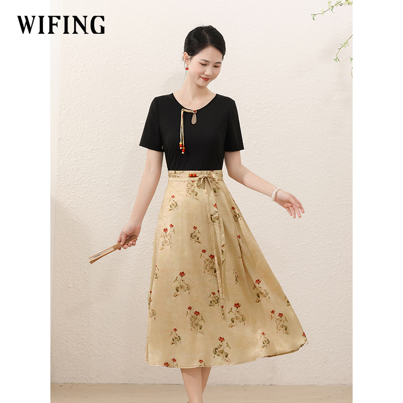 未风黑色针织拼接连衣裙女夏2025年新款夏季高腰新中式假两件裙子