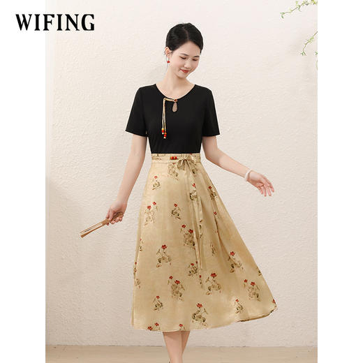 未风黑色针织拼接连衣裙女夏2025年新款夏季高腰新中式假两件裙子 商品图0