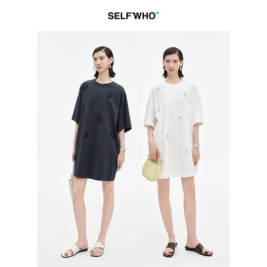 SELFWHO新疆精梳棉钩花钉珠连衣裙女2025夏新款宽松落肩两穿T恤裙 商品图1