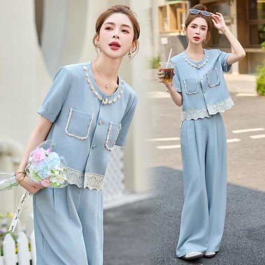 时尚香风套装2025新款夏日穿搭蕾丝拼接名媛气质阔腿裤两件套YQH9201 商品图1