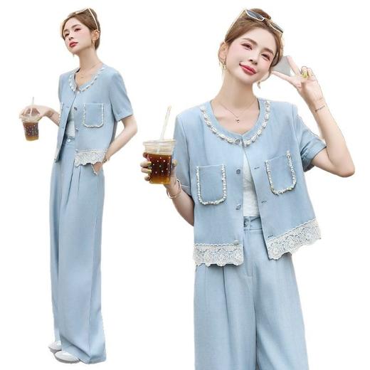 时尚香风套装2025新款夏日穿搭蕾丝拼接名媛气质阔腿裤两件套YQH9201 商品图4