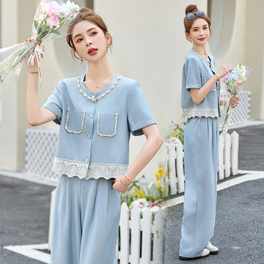 时尚香风套装2025新款夏日穿搭蕾丝拼接名媛气质阔腿裤两件套YQH9201 商品图0