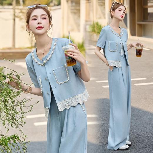 时尚香风套装2025新款夏日穿搭蕾丝拼接名媛气质阔腿裤两件套YQH9201 商品图2