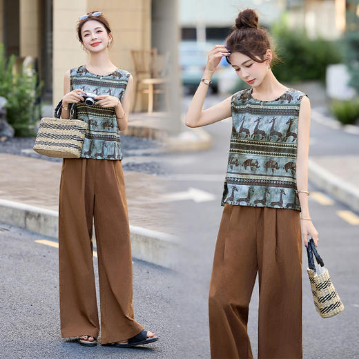 时尚老钱风洋气轻奢，印花上衣显瘦阔腿裤两件套HR-CPYY8151 商品图3