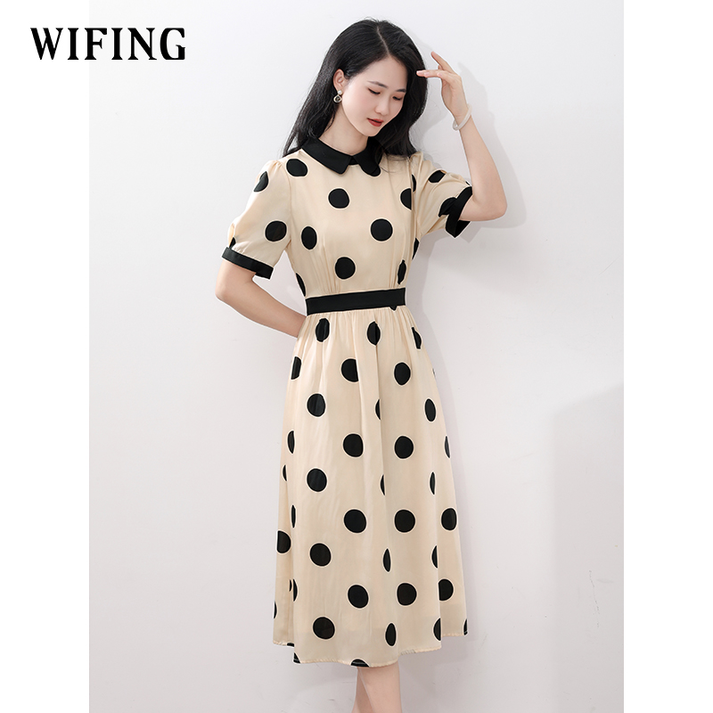 未风杏色泡泡袖连衣裙女夏装2025年夏季新款气质法式波点长款裙子