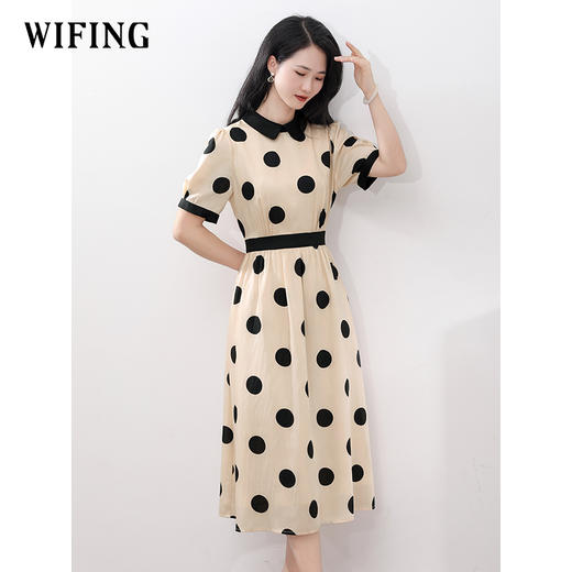 未风杏色泡泡袖连衣裙女夏装2025年夏季新款气质法式波点长款裙子 商品图0