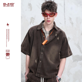 BJHG不计后果牛仔短袖衬衫男夏2025新款宽松潮流重工刺绣衬衣外套