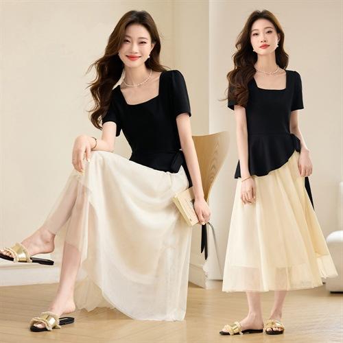 新款洋气ins风仙女裙网纱拼接方领设计荷叶边针织假两件连衣裙YBER280 商品图1