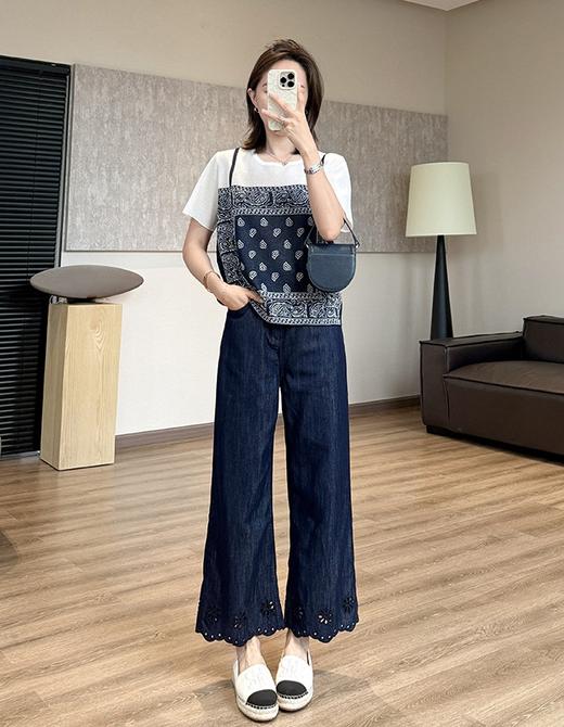 重工新晋花边激光镂空绣花天丝亚麻9分直筒裤夏季薄牛仔裤 商品图8