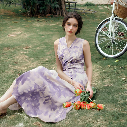 OLrain欧芮儿2025夏季新款紫色浪漫法式印花设计连衣裙女 商品图3