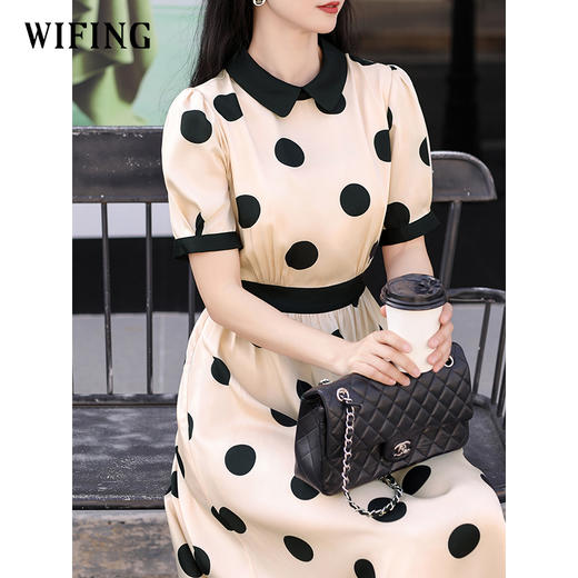 未风杏色泡泡袖连衣裙女夏装2025年夏季新款气质法式波点长款裙子 商品图3