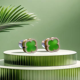 18K玫瑰金和田玉（碧玉）镶钻四叶草耳饰/四叶草8*8mm/苹果绿