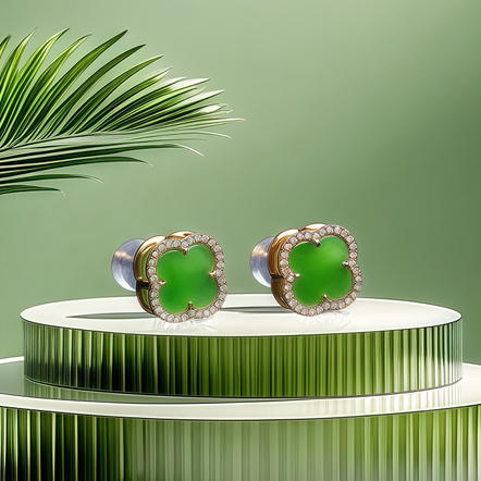 18K玫瑰金和田玉（碧玉）镶钻四叶草耳饰/四叶草8*8mm/苹果绿 商品图0