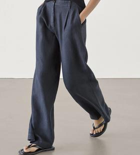 自留推荐！Row风藏青色亚麻裤   半松紧设计  休闲阔腿裤  夏日必备