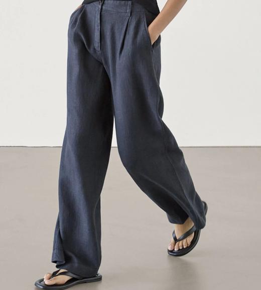 自留推荐！Row风藏青色亚麻裤   半松紧设计  休闲阔腿裤  夏日必备 商品图0