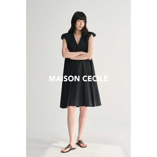 MAISON CECILE三色/复古法式V领设计感压褶双层飞飞袖A字连衣裙 商品图2