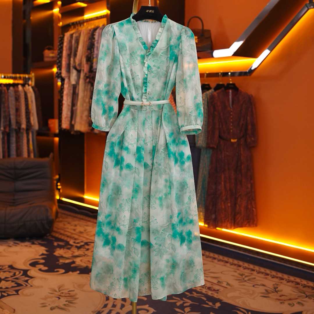 【赫尔温】设计师款鹦歌绿时尚收腰显瘦连衣裙DHZFF50849