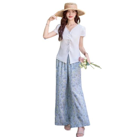 夏日绝美穿搭2025韩系气质抽褶短袖上衣温柔显瘦印花阔腿裤两件套 NSYY66136 商品图4