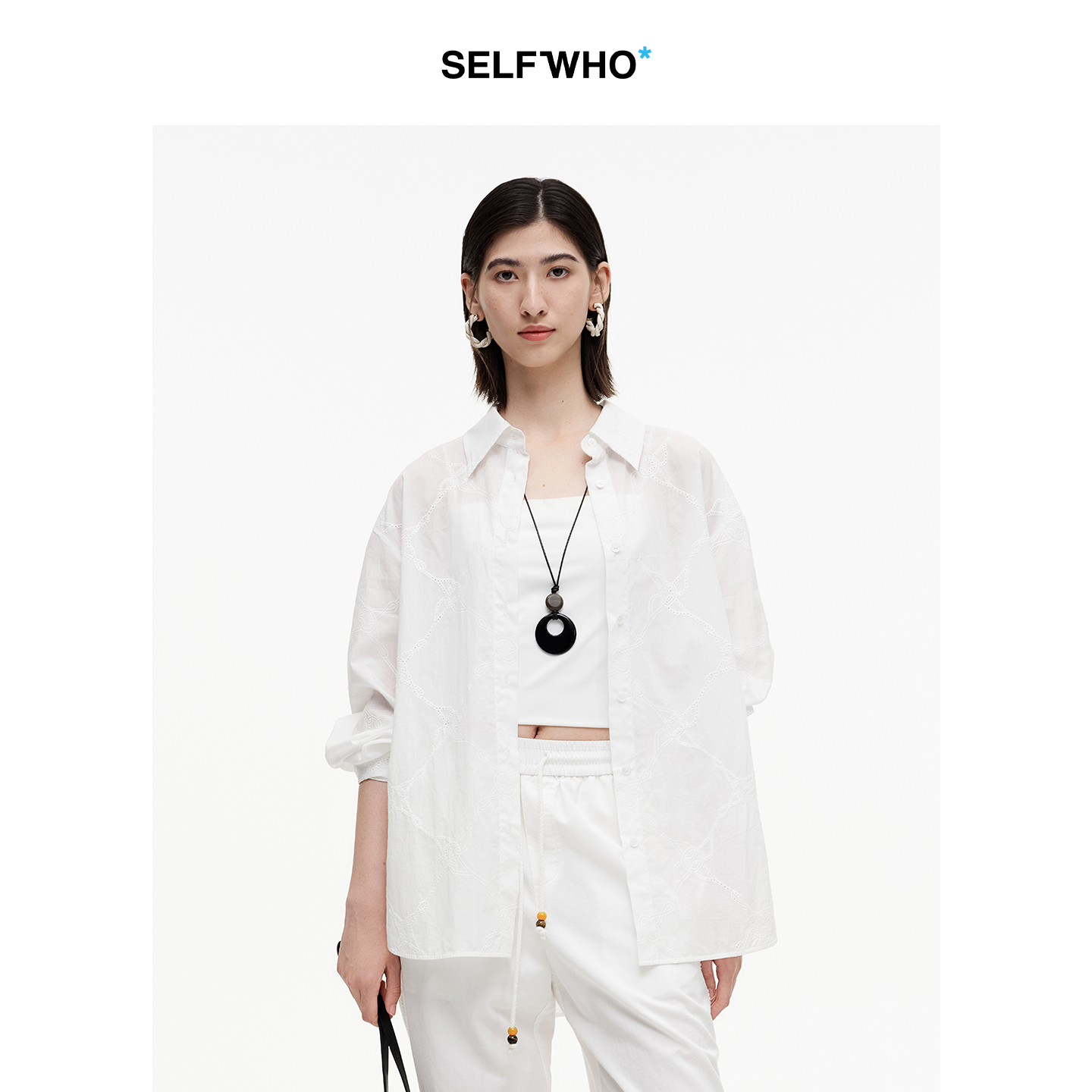 SELFWHO绿绒蒿系列纯棉白色绣花衬衫女2025秋季新款宽松透气上衣