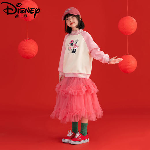迪士尼女童新年装加绒红色卫衣2024新款儿童拜年服女孩大童保暖衣 商品图1