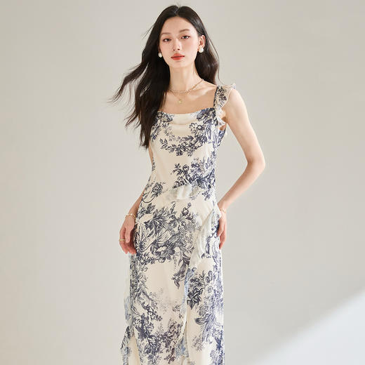 「高货sh」全新升级【铂金会员266/天猫359/差价93】(41806)洛诗琳夏季水墨画高级感荷叶边方领碎花收腰吊带连衣裙 商品图0